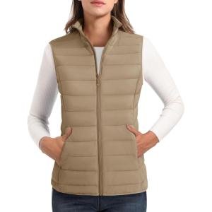 imageMAGCOMSEN Womens Puffer Vest Lightweight Stand Collar Zip 4 Pockets Puffy Vests Sleeveless Quilted Padded OuterwearKhaki