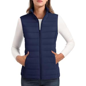 imageMAGCOMSEN Womens Puffer Vest Lightweight Stand Collar Zip 4 Pockets Puffy Vests Sleeveless Quilted Padded OuterwearNavy
