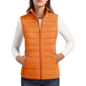 imageMAGCOMSEN Womens Puffer Vest Lightweight Stand Collar Zip 4 Pockets Puffy Vests Sleeveless Quilted Padded OuterwearOrange