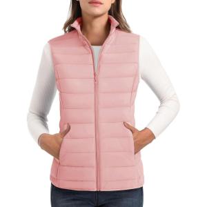 imageMAGCOMSEN Womens Puffer Vest Lightweight Stand Collar Zip 4 Pockets Puffy Vests Sleeveless Quilted Padded OuterwearPink