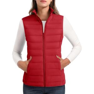 imageMAGCOMSEN Womens Puffer Vest Lightweight Stand Collar Zip 4 Pockets Puffy Vests Sleeveless Quilted Padded OuterwearTomato Red