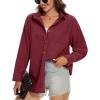 imageMAGCOMSEN Womens Corduroy Shacket Long Sleeve Button Down Shirt Spring Casual Jacket Bust Pocket Loose Fit Blouse TopsWine Red