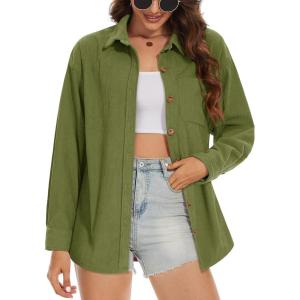 imageMAGCOMSEN Womens Corduroy Shacket Long Sleeve Button Down Shirt Spring Casual Jacket Bust Pocket Loose Fit Blouse TopsArmy Green