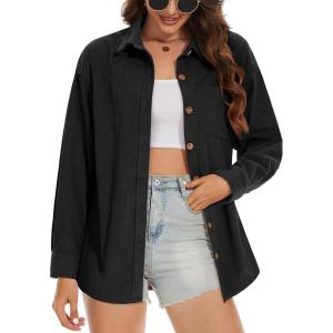 imageMAGCOMSEN Womens Corduroy Shacket Long Sleeve Button Down Shirt Spring Casual Jacket Bust Pocket Loose Fit Blouse TopsBlack