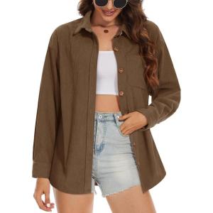 imageMAGCOMSEN Womens Corduroy Shacket Long Sleeve Button Down Shirt Spring Casual Jacket Bust Pocket Loose Fit Blouse TopsCoffee