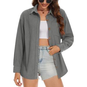 imageMAGCOMSEN Womens Corduroy Shacket Long Sleeve Button Down Shirt Spring Casual Jacket Bust Pocket Loose Fit Blouse TopsDark Grey