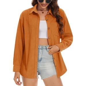 imageMAGCOMSEN Womens Corduroy Shacket Long Sleeve Button Down Shirt Spring Casual Jacket Bust Pocket Loose Fit Blouse TopsDeep Orange