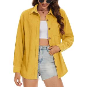 imageMAGCOMSEN Womens Corduroy Shacket Long Sleeve Button Down Shirt Spring Casual Jacket Bust Pocket Loose Fit Blouse TopsGinger