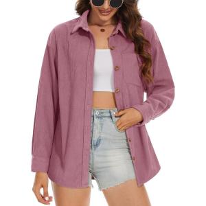 imageMAGCOMSEN Womens Corduroy Shacket Long Sleeve Button Down Shirt Spring Casual Jacket Bust Pocket Loose Fit Blouse TopsGrayish Purple