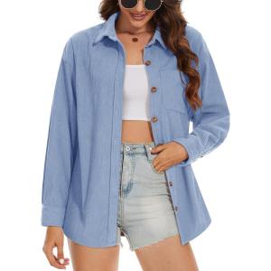 imageMAGCOMSEN Womens Corduroy Shacket Long Sleeve Button Down Shirt Spring Casual Jacket Bust Pocket Loose Fit Blouse TopsLight Blue