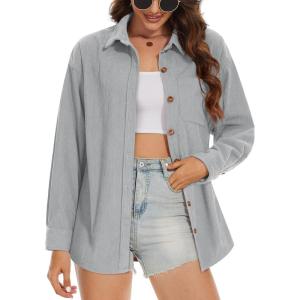 imageMAGCOMSEN Womens Corduroy Shacket Long Sleeve Button Down Shirt Spring Casual Jacket Bust Pocket Loose Fit Blouse TopsLight Grey