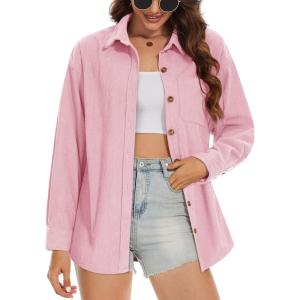 imageMAGCOMSEN Womens Corduroy Shacket Long Sleeve Button Down Shirt Spring Casual Jacket Bust Pocket Loose Fit Blouse TopsLight Pink