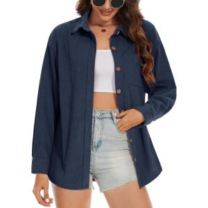 imageMAGCOMSEN Womens Corduroy Shacket Long Sleeve Button Down Shirt Spring Casual Jacket Bust Pocket Loose Fit Blouse TopsNavy Blue