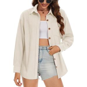 imageMAGCOMSEN Womens Corduroy Shacket Long Sleeve Button Down Shirt Spring Casual Jacket Bust Pocket Loose Fit Blouse TopsOffwhite