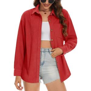 imageMAGCOMSEN Womens Corduroy Shacket Long Sleeve Button Down Shirt Spring Casual Jacket Bust Pocket Loose Fit Blouse TopsRed