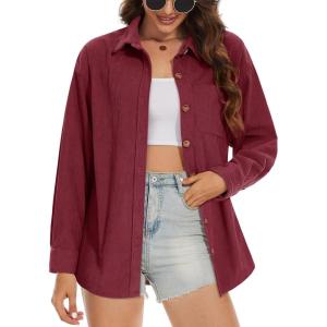 imageMAGCOMSEN Womens Corduroy Shacket Long Sleeve Button Down Shirt Spring Casual Jacket Bust Pocket Loose Fit Blouse TopsWine Red