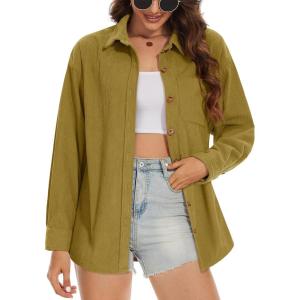 imageMAGCOMSEN Womens Corduroy Shacket Long Sleeve Button Down Shirt Spring Casual Jacket Bust Pocket Loose Fit Blouse TopsWolf Brown