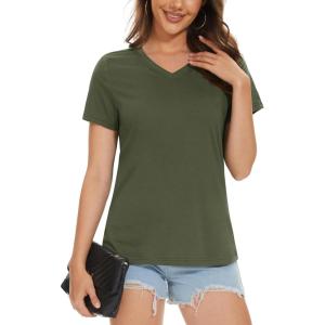 imageMAGCOMSEN Womens Cotton T Shirt VNeck Short Sleeve Shirt ClassicFit Casual Breathable Tee Summer Basic TopsArmy Green