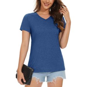imageMAGCOMSEN Womens Cotton T Shirt VNeck Short Sleeve Shirt ClassicFit Casual Breathable Tee Summer Basic TopsDark Bluegray