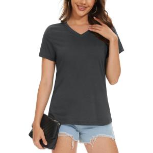imageMAGCOMSEN Womens Cotton T Shirt VNeck Short Sleeve Shirt ClassicFit Casual Breathable Tee Summer Basic TopsDark Gray