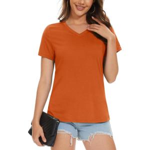 imageMAGCOMSEN Womens Cotton T Shirt VNeck Short Sleeve Shirt ClassicFit Casual Breathable Tee Summer Basic TopsDeep Orange