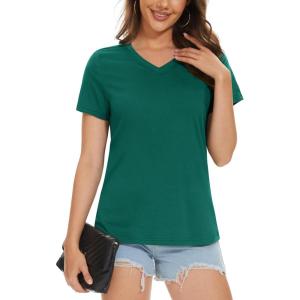 imageMAGCOMSEN Womens Cotton T Shirt VNeck Short Sleeve Shirt ClassicFit Casual Breathable Tee Summer Basic TopsEmerald Green