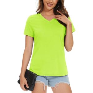 imageMAGCOMSEN Womens Cotton T Shirt VNeck Short Sleeve Shirt ClassicFit Casual Breathable Tee Summer Basic TopsFluorescent Green