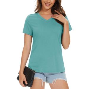 imageMAGCOMSEN Womens Cotton T Shirt VNeck Short Sleeve Shirt ClassicFit Casual Breathable Tee Summer Basic TopsGray Green