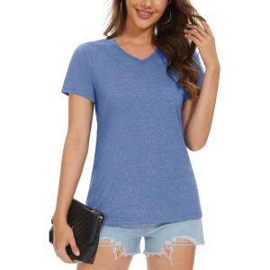 imageMAGCOMSEN Womens Cotton T Shirt VNeck Short Sleeve Shirt ClassicFit Casual Breathable Tee Summer Basic TopsGrayish Blue