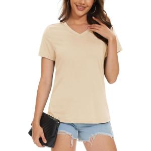 imageMAGCOMSEN Womens Cotton T Shirt VNeck Short Sleeve Shirt ClassicFit Casual Breathable Tee Summer Basic TopsLight Apricot