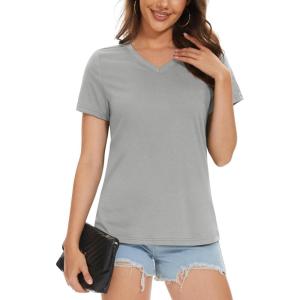 imageMAGCOMSEN Womens Cotton T Shirt VNeck Short Sleeve Shirt ClassicFit Casual Breathable Tee Summer Basic TopsLight Gray