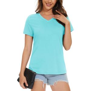 imageMAGCOMSEN Womens Cotton T Shirt VNeck Short Sleeve Shirt ClassicFit Casual Breathable Tee Summer Basic TopsLight Lakeblue