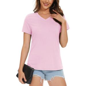 imageMAGCOMSEN Womens Cotton T Shirt VNeck Short Sleeve Shirt ClassicFit Casual Breathable Tee Summer Basic TopsLight Pink
