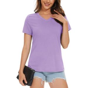 imageMAGCOMSEN Womens Cotton T Shirt VNeck Short Sleeve Shirt ClassicFit Casual Breathable Tee Summer Basic TopsLight Purple