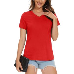 imageMAGCOMSEN Womens Cotton T Shirt VNeck Short Sleeve Shirt ClassicFit Casual Breathable Tee Summer Basic TopsTomato Red