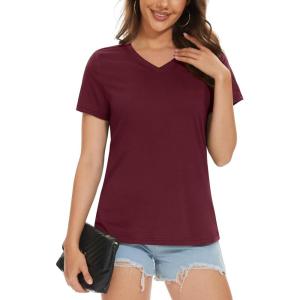 imageMAGCOMSEN Womens Cotton T Shirt VNeck Short Sleeve Shirt ClassicFit Casual Breathable Tee Summer Basic TopsWine Red