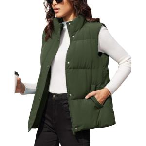 imageMAGCOMSEN Womens Puffer Down Vest Oversized Zip Up Outerwear Lightweight Winter Padded Gilet Jacket with PocketsArmy Green