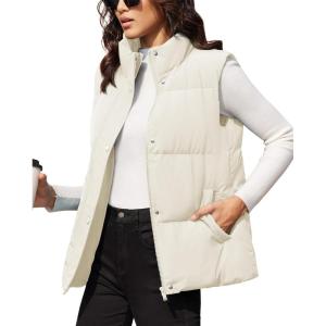 imageMAGCOMSEN Womens Puffer Down Vest Oversized Zip Up Outerwear Lightweight Winter Padded Gilet Jacket with PocketsBeige