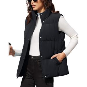 imageMAGCOMSEN Womens Puffer Down Vest Oversized Zip Up Outerwear Lightweight Winter Padded Gilet Jacket with PocketsBlack