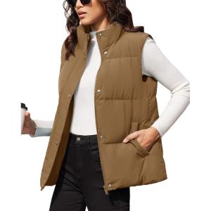 imageMAGCOMSEN Womens Puffer Down Vest Oversized Zip Up Outerwear Lightweight Winter Padded Gilet Jacket with PocketsBrown