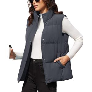 imageMAGCOMSEN Womens Puffer Down Vest Oversized Zip Up Outerwear Lightweight Winter Padded Gilet Jacket with PocketsDark Grey