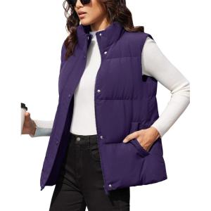 imageMAGCOMSEN Womens Puffer Down Vest Oversized Zip Up Outerwear Lightweight Winter Padded Gilet Jacket with PocketsDark Purple
