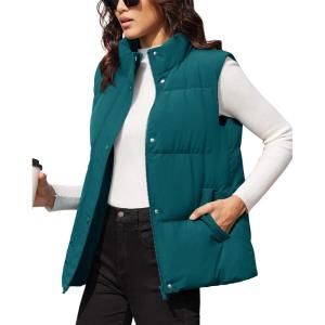 imageMAGCOMSEN Womens Puffer Down Vest Oversized Zip Up Outerwear Lightweight Winter Padded Gilet Jacket with PocketsEmerald Green