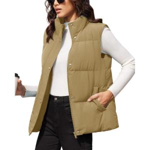 imageMAGCOMSEN Womens Puffer Down Vest Oversized Zip Up Outerwear Lightweight Winter Padded Gilet Jacket with PocketsKhaki
