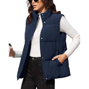 imageMAGCOMSEN Womens Puffer Down Vest Oversized Zip Up Outerwear Lightweight Winter Padded Gilet Jacket with PocketsNavy