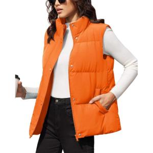 imageMAGCOMSEN Womens Puffer Down Vest Oversized Zip Up Outerwear Lightweight Winter Padded Gilet Jacket with PocketsOrange