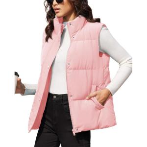 imageMAGCOMSEN Womens Puffer Down Vest Oversized Zip Up Outerwear Lightweight Winter Padded Gilet Jacket with PocketsPink