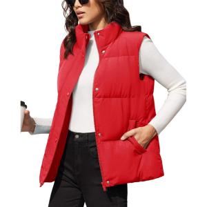 imageMAGCOMSEN Womens Puffer Down Vest Oversized Zip Up Outerwear Lightweight Winter Padded Gilet Jacket with PocketsRed