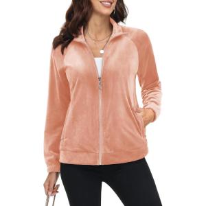 imageMAGCOMSEN Womens Velour Jackets Full Zipup Fleece Jacket 2 Zipper Pockets Lightweight Soft Casual Winter Warm CoatApricot