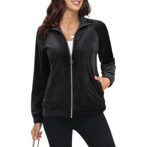 imageMAGCOMSEN Womens Velour Jackets Full Zipup Fleece Jacket 2 Zipper Pockets Lightweight Soft Casual Winter Warm CoatBlack